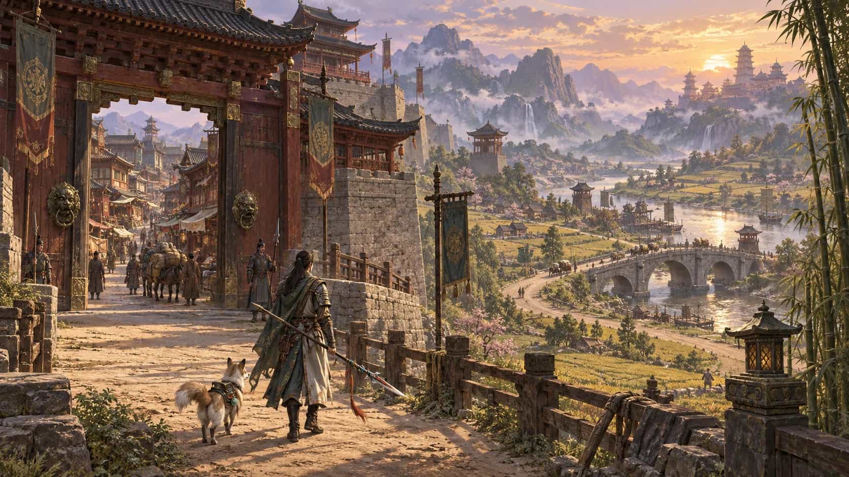 A Wayfarer with a spear and a fox companion walks out of a red gate toward river valleys, bridges and distant pagodas.