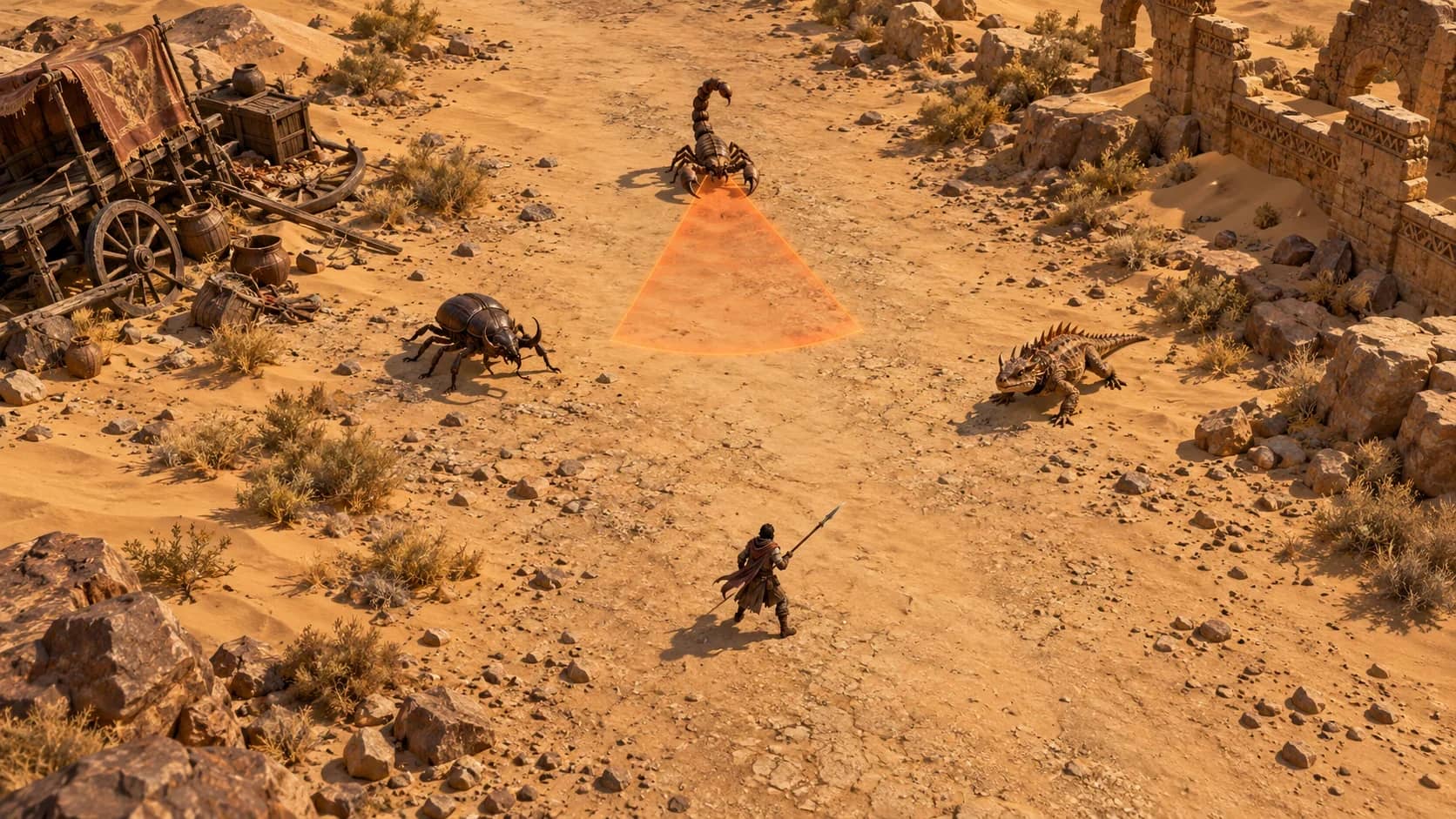 Concept render of the target look: a spear fighter faces a scorpion whose cone-shaped attack telegraph glows on the sand.