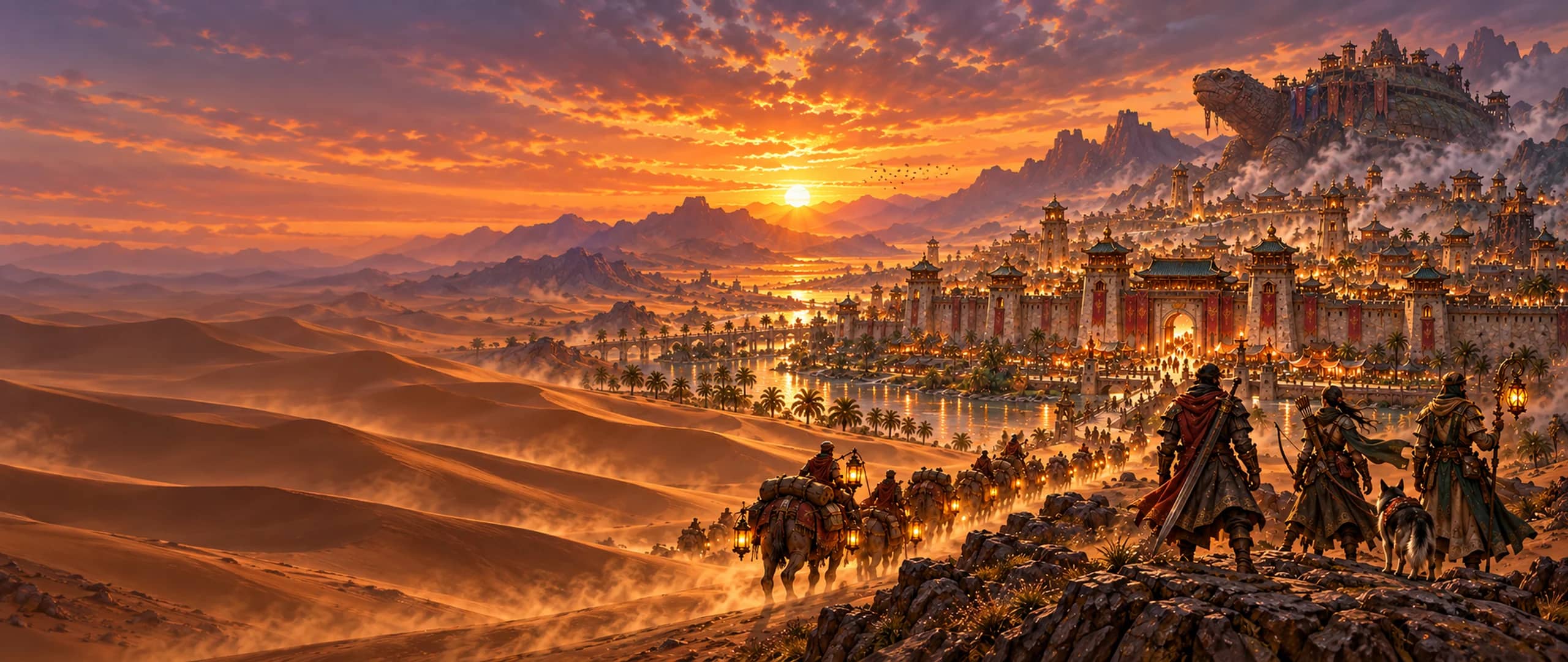 A lantern-lit caravan crosses the dunes toward the walls of Amber Gate at dusk while three Wayfarers watch from a rocky ridge.