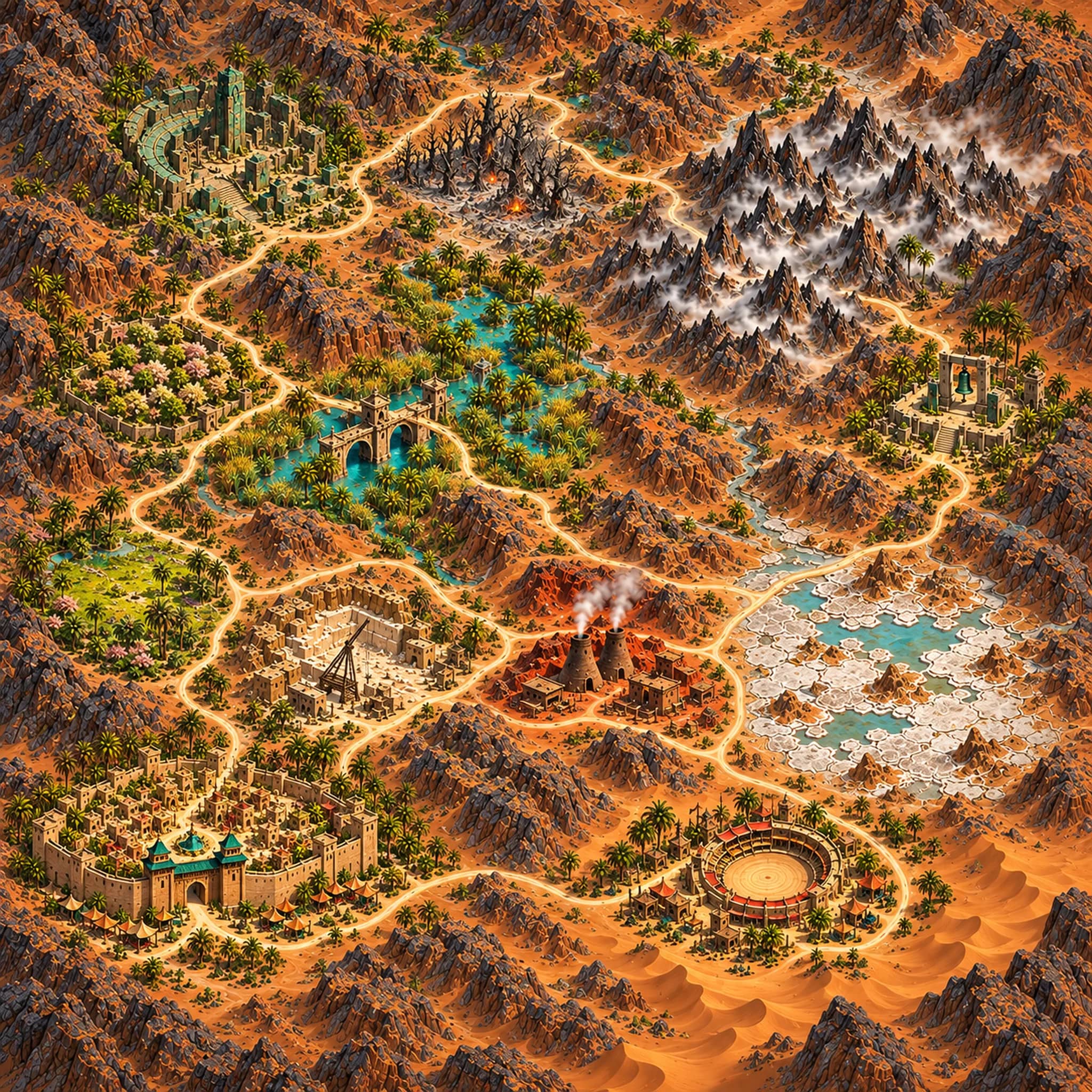 Painted map of the Amber Basin: Amber Gate in the south-west, orchards and reed rivers, the kilns, salt flats, the bell court, misty ridges, a burnt grove and the jade ruins in the north.