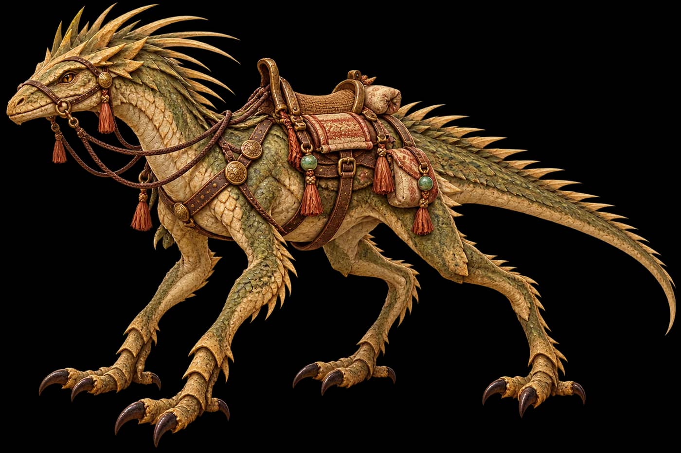 Reedback Strider: a long-legged dune lizard with reed-like dorsal quills and a woven saddle.