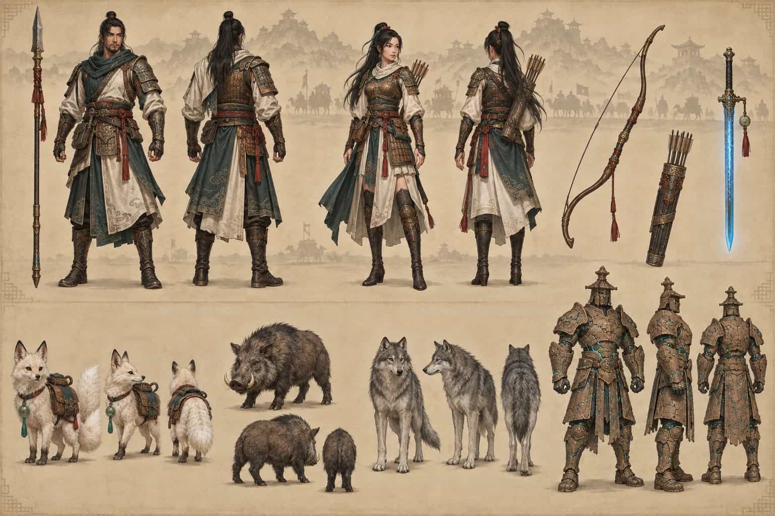 Concept art of travellers and the creatures of the basin.