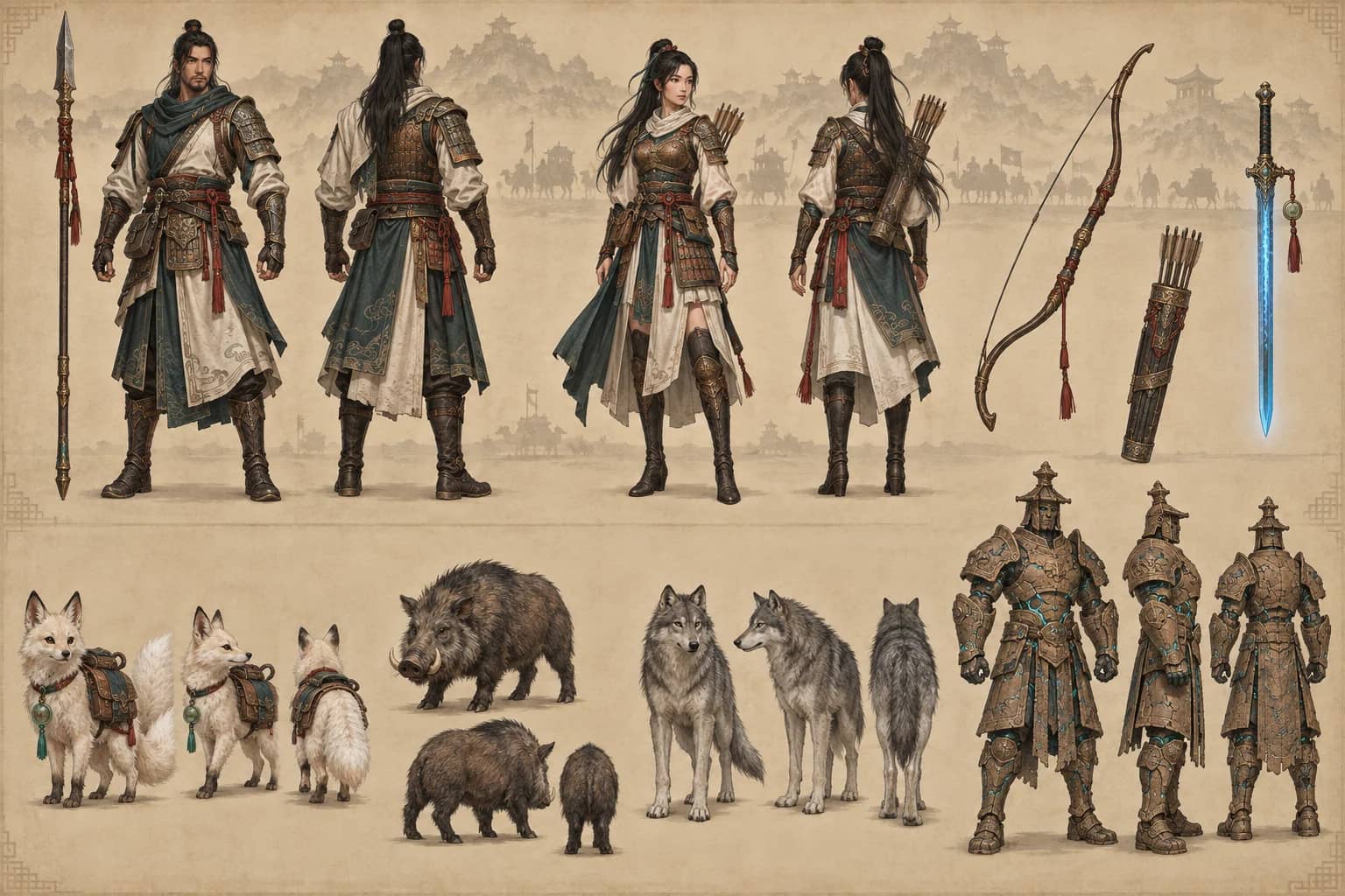 Concept art of travellers and the creatures of the basin.
